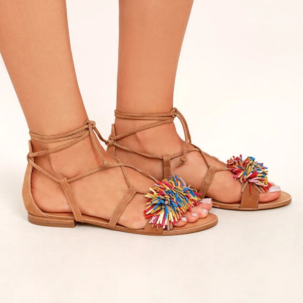 Steve Madden Swizzle Natural Multicolor Suede Leather Lace-Up Sandals